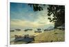 Boats off the town beach at sunset with Manadotua Island beyond, Bunaken, North Sulawesi-Robert Francis-Framed Photographic Print