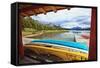 Boats on a Dock, Maligne Lake, Canada-George Oze-Framed Stretched Canvas