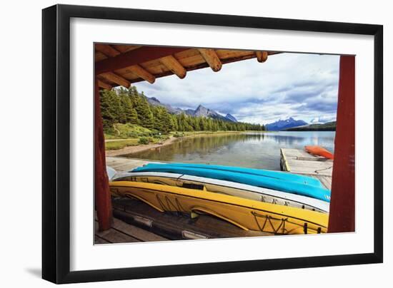 Boats on a Dock, Maligne Lake, Canada-George Oze-Framed Photographic Print