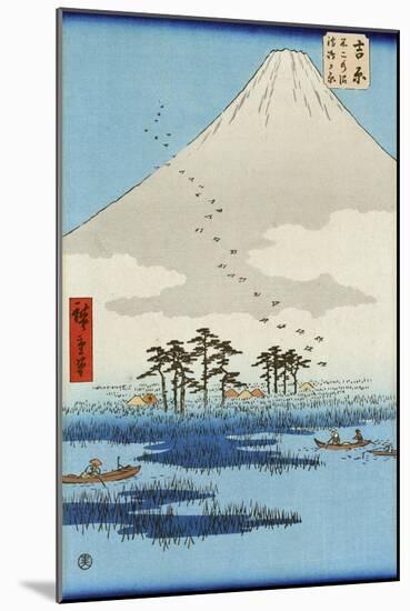 Boats on a Lake with Mount Fuji in the Background, Japanese Wood-Cut Print-Lantern Press-Mounted Art Print