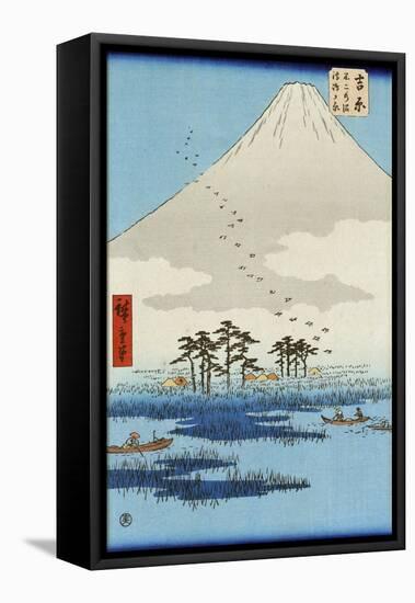 Boats on a Lake with Mount Fuji in the Background, Japanese Wood-Cut Print-Lantern Press-Framed Stretched Canvas