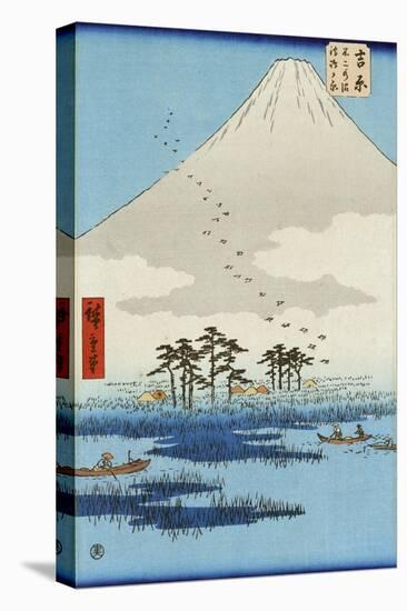 Boats on a Lake with Mount Fuji in the Background, Japanese Wood-Cut Print-Lantern Press-Stretched Canvas