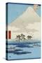 Boats on a Lake with Mount Fuji in the Background, Japanese Wood-Cut Print-Lantern Press-Stretched Canvas