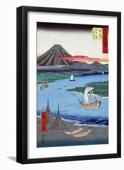 Boats on a River and ashore with Mount Fuji in the Distance, Japanese Wood-Cut Print-Lantern Press-Framed Art Print