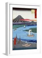 Boats on a River and ashore with Mount Fuji in the Distance, Japanese Wood-Cut Print-Lantern Press-Framed Art Print