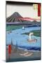 Boats on a River and ashore with Mount Fuji in the Distance, Japanese Wood-Cut Print-Lantern Press-Mounted Art Print