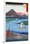 Boats on a River and ashore with Mount Fuji in the Distance, Japanese Wood-Cut Print-Lantern Press-Framed Art Print