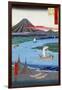 Boats on a River and ashore with Mount Fuji in the Distance, Japanese Wood-Cut Print-Lantern Press-Framed Art Print