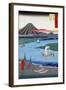 Boats on a River and ashore with Mount Fuji in the Distance, Japanese Wood-Cut Print-Lantern Press-Framed Art Print