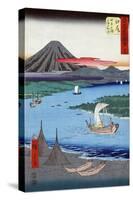 Boats on a River and ashore with Mount Fuji in the Distance, Japanese Wood-Cut Print-Lantern Press-Stretched Canvas