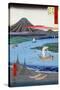Boats on a River and ashore with Mount Fuji in the Distance, Japanese Wood-Cut Print-Lantern Press-Stretched Canvas