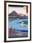 Boats on a River and ashore with Mount Fuji in the Distance, Japanese Wood-Cut Print-Lantern Press-Framed Art Print