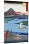 Boats on a River and ashore with Mount Fuji in the Distance, Japanese Wood-Cut Print-Lantern Press-Mounted Art Print