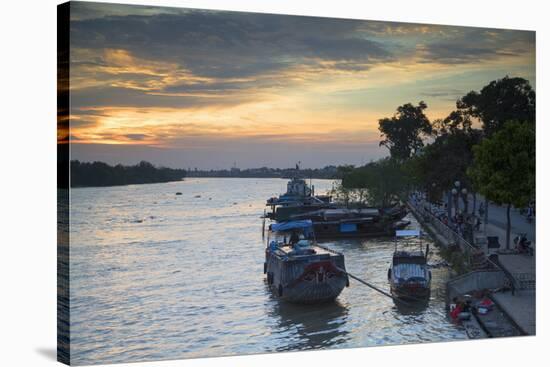 Boats on Ben Tre River at Sunset, Ben Tre, Mekong Delta, Vietnam, Indochina, Southeast Asia, Asia-Ian Trower-Stretched Canvas