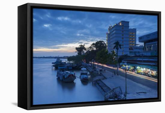 Boats on Ben Tre River at Sunset, Ben Tre, Mekong Delta, Vietnam, Indochina, Southeast Asia, Asia-Ian Trower-Framed Stretched Canvas