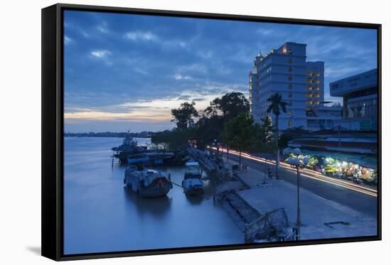 Boats on Ben Tre River at Sunset, Ben Tre, Mekong Delta, Vietnam, Indochina, Southeast Asia, Asia-Ian Trower-Framed Stretched Canvas