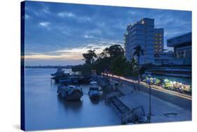 Boats on Ben Tre River at Sunset, Ben Tre, Mekong Delta, Vietnam, Indochina, Southeast Asia, Asia-Ian Trower-Stretched Canvas