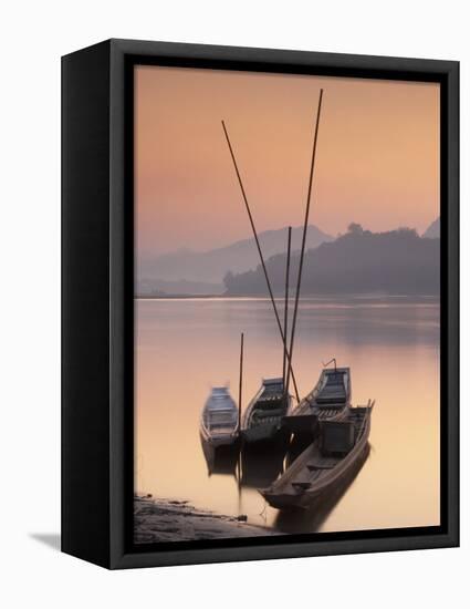 Boats on Mekong River at Sunset, Luang Prabang, Laos-Ian Trower-Framed Stretched Canvas