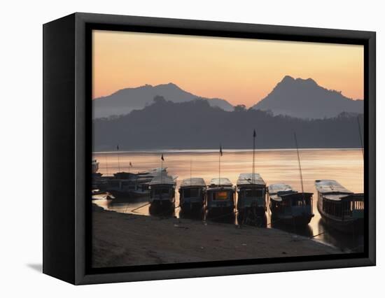 Boats on Mekong River at Sunset, Luang Prabang, Laos-Ian Trower-Framed Stretched Canvas