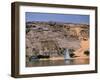 Boats on Nile River Passing Massive Statues of Pharoh Ramses II at Door to Queen Nefertari's Temple-James Burke-Framed Photographic Print