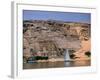 Boats on Nile River Passing Massive Statues of Pharoh Ramses II at Door to Queen Nefertari's Temple-James Burke-Framed Photographic Print