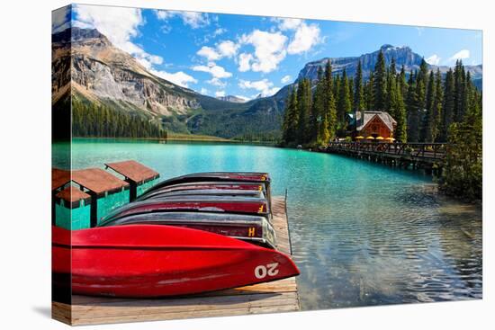 Boats on the Dock, Emerald Lake, Canada-George Oze-Stretched Canvas