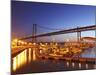 Boats on the River Tagus Move at Night in the Doca De Santa Amaro Marina under the 25 April Bridge,-Stuart Forster-Mounted Photographic Print