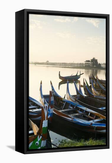 Boats on the Taungthaman Lake Near Amarapura with the U Bein Teak Bridge Behind, Myanmar (Burma)-Alex Robinson-Framed Stretched Canvas