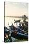 Boats on the Taungthaman Lake Near Amarapura with the U Bein Teak Bridge Behind, Myanmar (Burma)-Alex Robinson-Stretched Canvas