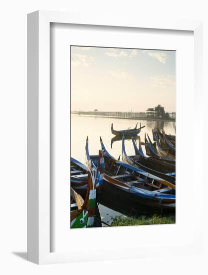 Boats on the Taungthaman Lake Near Amarapura with the U Bein Teak Bridge Behind, Myanmar (Burma)-Alex Robinson-Framed Photographic Print