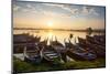 Boats on the Taungthaman Lake Near Amarapura with the U Bein Teak Bridge Behind, Myanmar (Burma)-Alex Robinson-Mounted Photographic Print