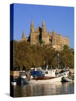 Boats on the Waterfront Below the Cathedral of Palma, on Majorca, Balearic Islands, Spain-null-Stretched Canvas