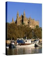 Boats on the Waterfront Below the Cathedral of Palma, on Majorca, Balearic Islands, Spain-null-Stretched Canvas