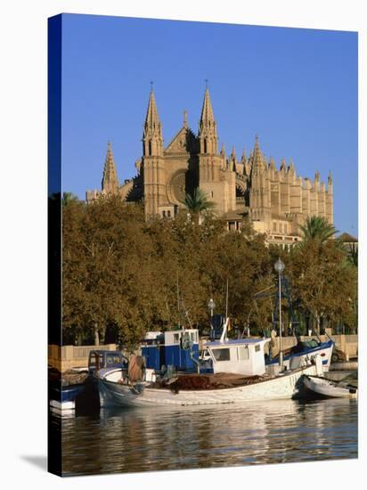 Boats on the Waterfront Below the Cathedral of Palma, on Majorca, Balearic Islands, Spain-null-Stretched Canvas