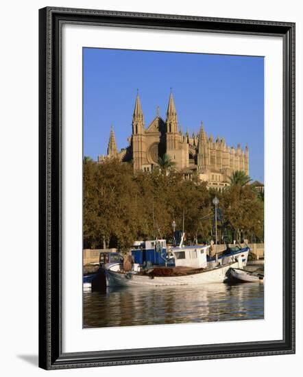 Boats on the Waterfront Below the Cathedral of Palma, on Majorca, Balearic Islands, Spain-null-Framed Photographic Print