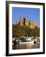 Boats on the Waterfront Below the Cathedral of Palma, on Majorca, Balearic Islands, Spain-null-Framed Photographic Print