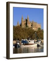 Boats on the Waterfront Below the Cathedral of Palma, on Majorca, Balearic Islands, Spain-null-Framed Photographic Print