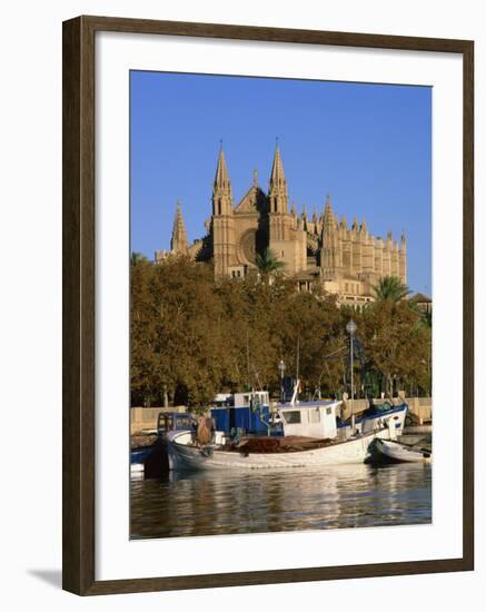 Boats on the Waterfront Below the Cathedral of Palma, on Majorca, Balearic Islands, Spain-null-Framed Photographic Print