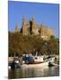 Boats on the Waterfront Below the Cathedral of Palma, on Majorca, Balearic Islands, Spain-null-Mounted Photographic Print