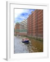 Boats Pass by Waterfront Warehouses and Lofts, Speicherstadt Warehouse District, Hamburg, Germany-Miva Stock-Framed Photographic Print