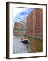 Boats Pass by Waterfront Warehouses and Lofts, Speicherstadt Warehouse District, Hamburg, Germany-Miva Stock-Framed Photographic Print