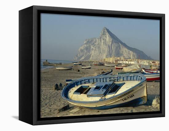 Boats Pulled onto Beach Below the Rock of Gibraltar, Gibraltar-Charles Bowman-Framed Stretched Canvas