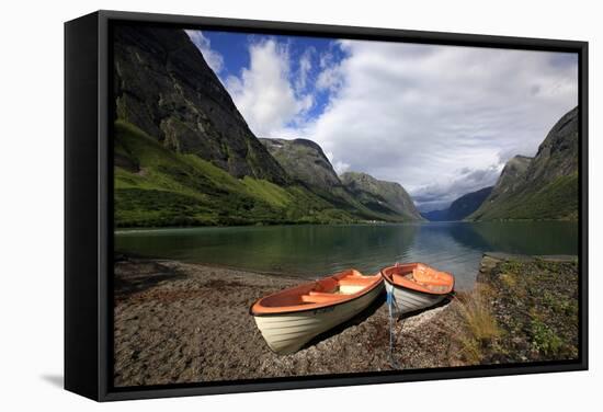 Boats Pulled Up by a Fjord, Songdal Region, Near Bergen, Western Norway, Scandinavia, Europe-David Pickford-Framed Stretched Canvas