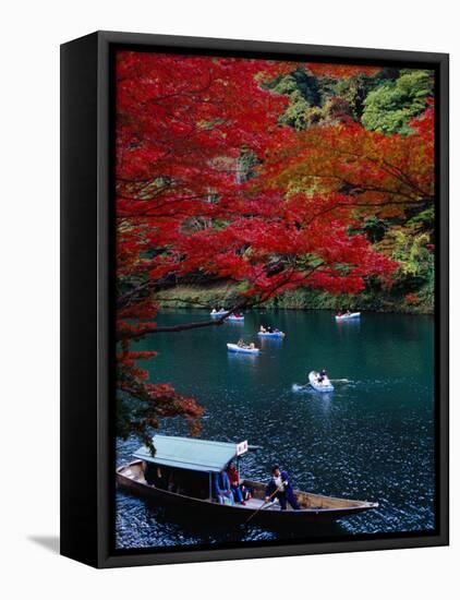 Boats with Tourists Showing Arashiyama's Autumn Colours, Kyoto, Japan-Frank Carter-Framed Stretched Canvas