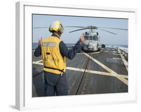 Boatswainâs Mate Signals to the Pilot of an Mh-60R Sea Hawk-null-Framed Photographic Print