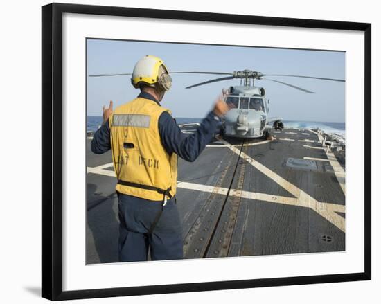 Boatswainâs Mate Signals to the Pilot of an Mh-60R Sea Hawk-null-Framed Photographic Print