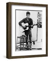 Bob Dylan Playing Guitar and Harmonica into Microphone. 1965-null-Framed Art Print