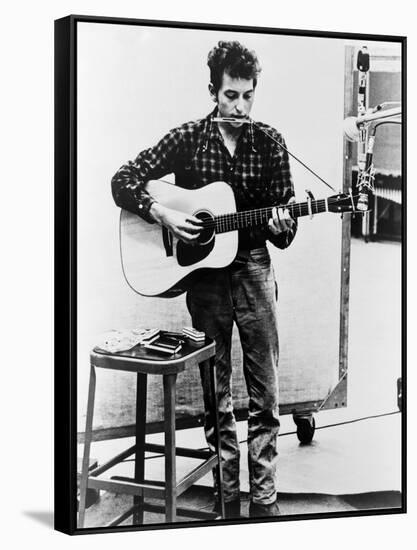 Bob Dylan Playing Guitar and Harmonica into Microphone. 1965-null-Framed Stretched Canvas