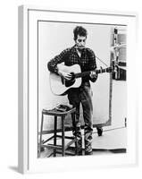 Bob Dylan Playing Guitar and Harmonica into Microphone. 1965-null-Framed Art Print