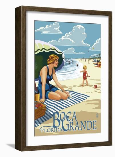 Boca Grande, Florida - Woman and Beach Scene-Lantern Press-Framed Art Print